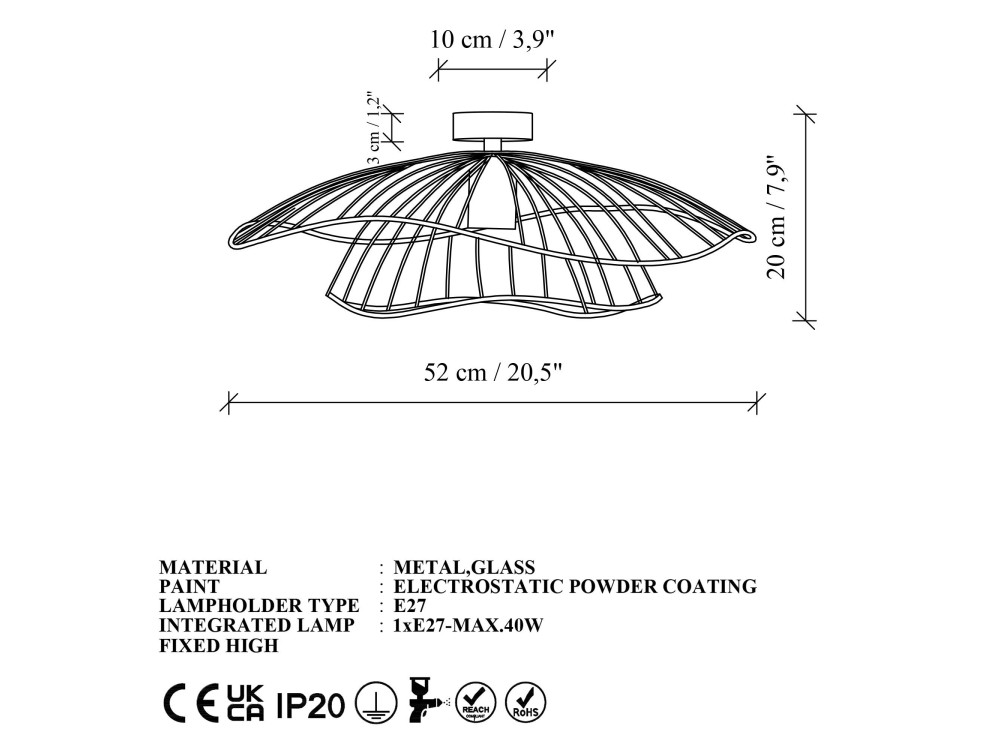 Metalen plafondlamp "Mantar" - 52 x 52 cm - Goudkleurig