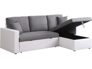 Hoekbank met opbergruimte slaapbank meubel links of rechts bank "Alain" - 221 x 145 x 85 cm - 3 zits - Grijs / Wit