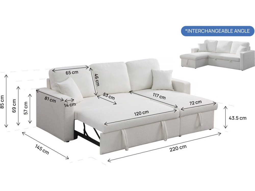 Hoekbank met opbergruimte slaapbank meubel links of rechts bank "Alain" - 3 zits - Bouclé stof -  Wit