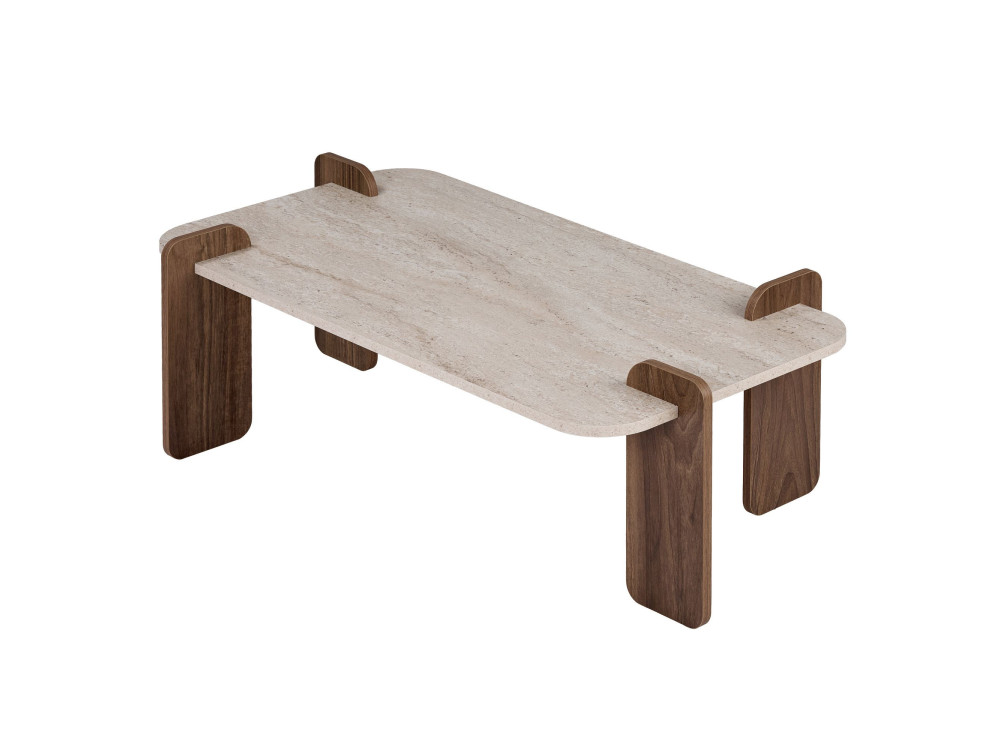Houten salontafel "Renard" - 147 x 35 x 87 cm - Travertijn / Venezia-notenhout