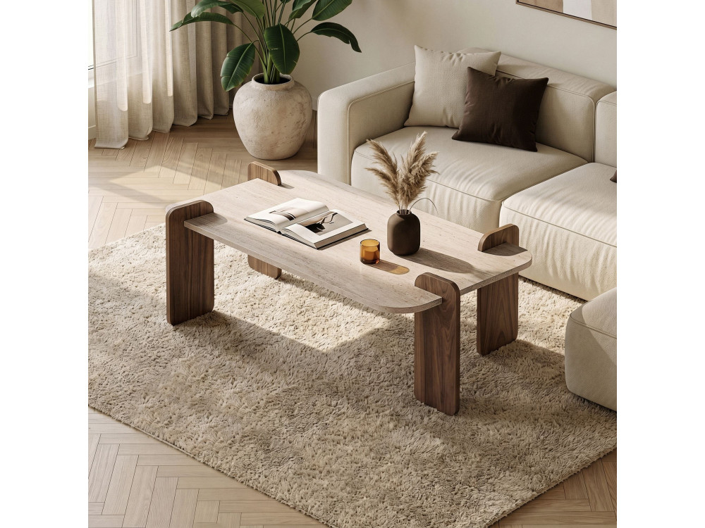 Houten salontafel "Renard" - 147 x 35 x 87 cm - Travertijn / Venezia-notenhout