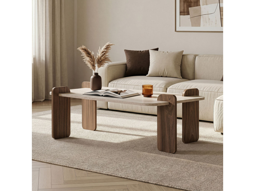 Houten salontafel "Renard" - 147 x 35 x 87 cm - Travertijn / Venezia-notenhout