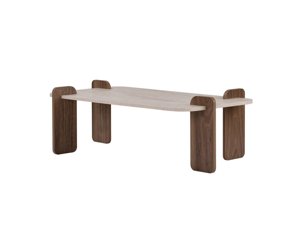 Houten salontafel "Renard" - 147 x 35 x 87 cm - Travertijn / Venezia-notenhout