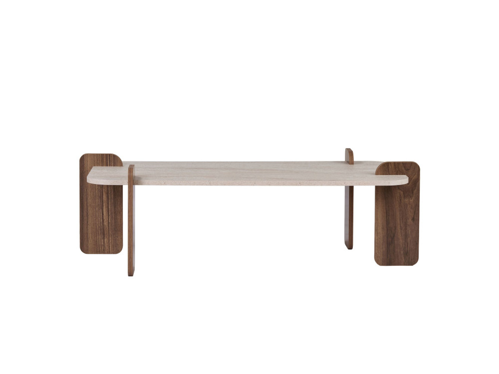 Houten salontafel "Renard" - 147 x 35 x 87 cm - Travertijn / Venezia-notenhout