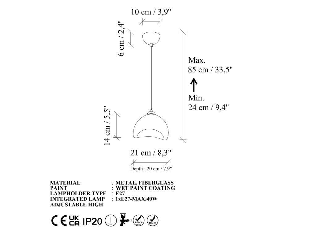 Metalen hanglamp "Vegas" - 21 x 20 cm - Wit