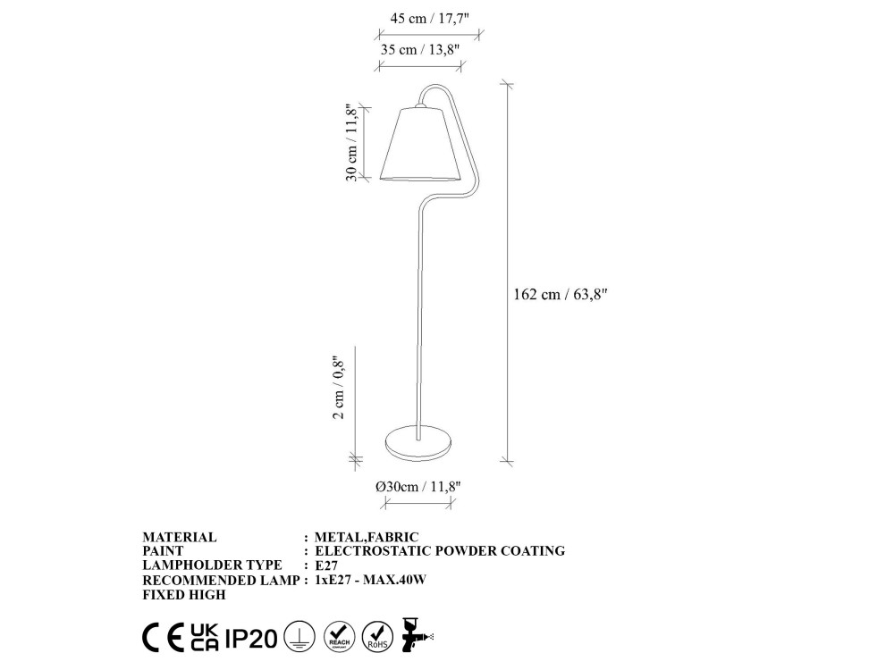 Metalen staande lamp "Altur" - 45 x 35 x 162 cm - Wit