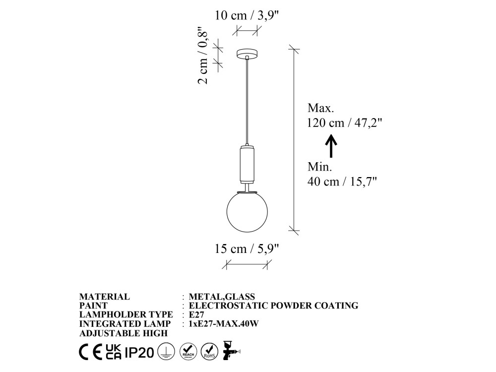 Metalen hanglamp "Moira" - 15 x 15 x 120 cm - Roze
