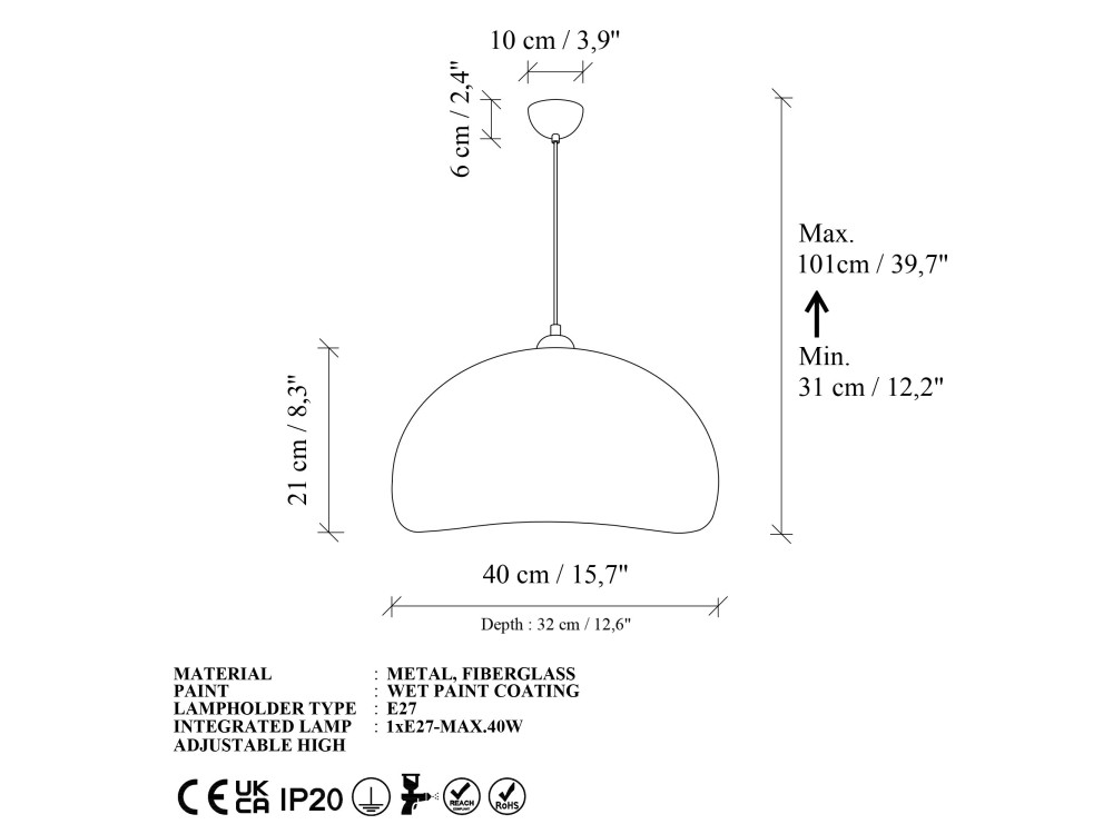 Metalen hanglamp "Beta" - 40 x 32 cm - Wit