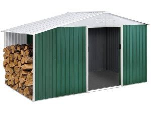 Tuinhuisje metaal "Rosas" 4,07 m² met houtopslag haardhout rek buiten - Groen