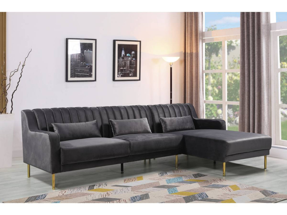 Hoekbank zitbank velours "Oliver" - 275 x 161 x 81 cm - 5 zits - Grijs - Hoek aan rechterkant