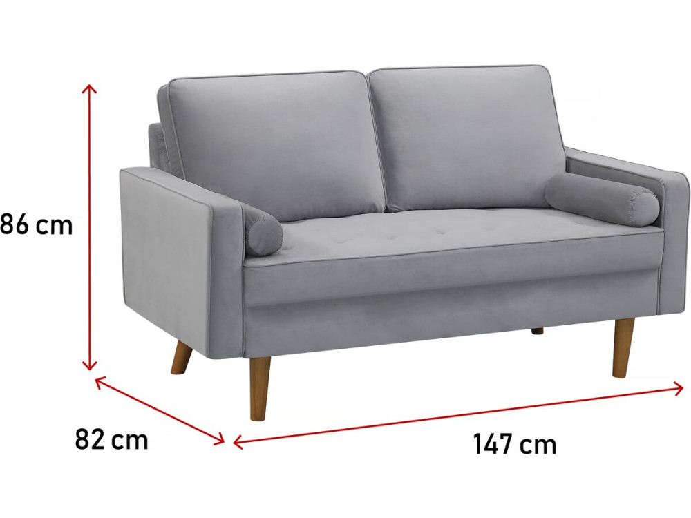 Bank bankstel velours fluweel meubel "Yannick" - 82 x 147 x 86 cm - 2 zits - Grijs lichtgrijs