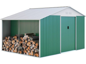Tuinhuisje metaal "Rosas" 10,85 m² met houtopslag haardhout rek buiten - Groen