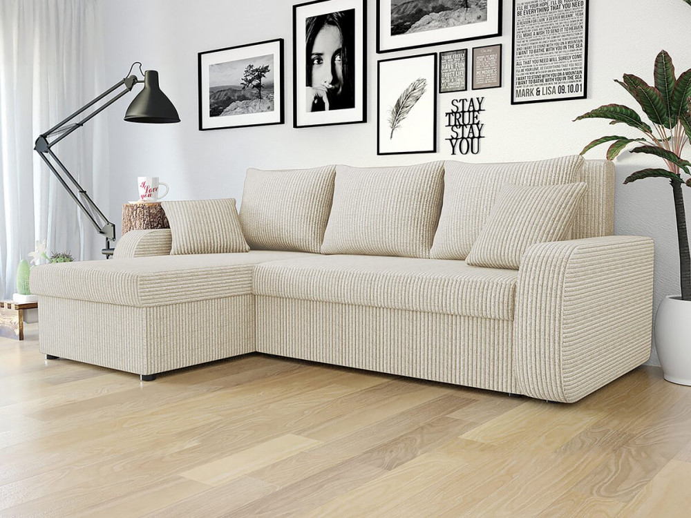 Hoekbank van geribbeld fluweel, converteerbaar - 3 zitplaatsen "Vinci" - Beige