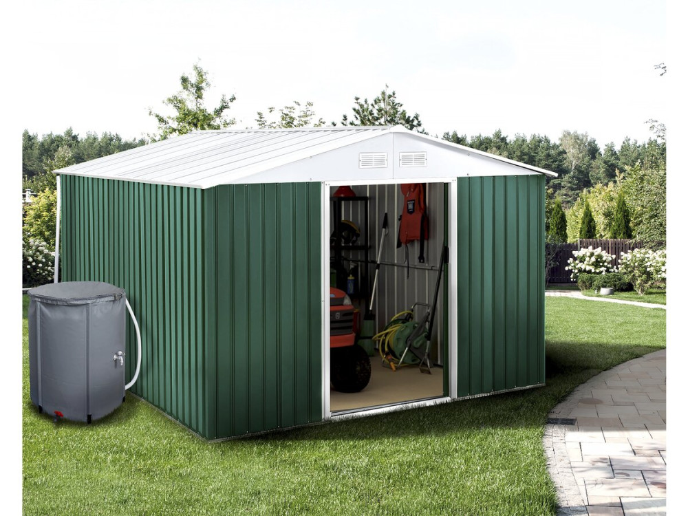 Tuinhuisje metaal - "Rosas " - 10,85 m² met goot en regenton waterreservoir - Groen