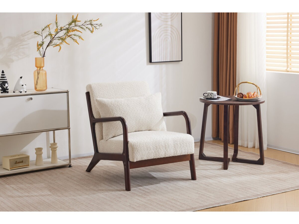 Stoel fauteuil bouclé stof en hout Scandinavisch design " Clinton "  - Wit