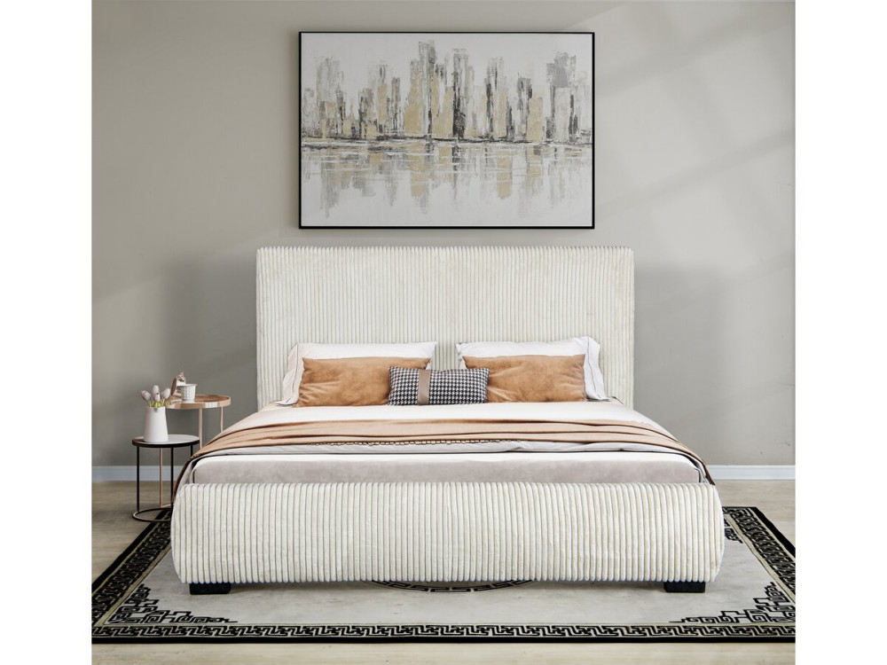 Tweepersoonsbed bed met hoofdbord velours ribfluweel "Montana" - 140 x 190 cm - Beige - lichtbruin