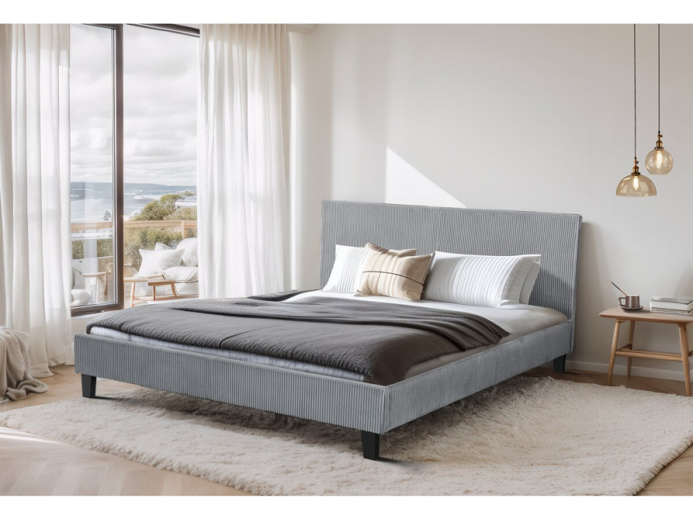 Tweepersoonsbed velours ribfluweel hoofdbord bed "Ambre" - 160 x 200 - Grijs