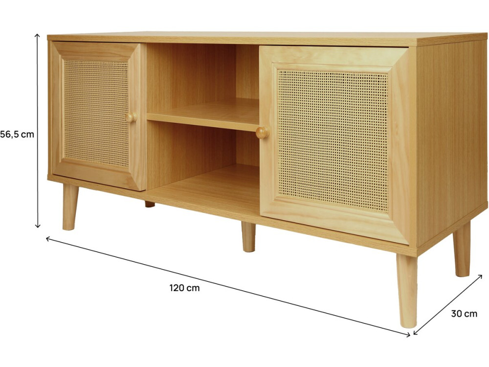 TV meubel Scandinavisch design riet rotan webbing meubel "Iguane" - 120 x 30 x 56,5 cm - Bruin - kastanjebruin