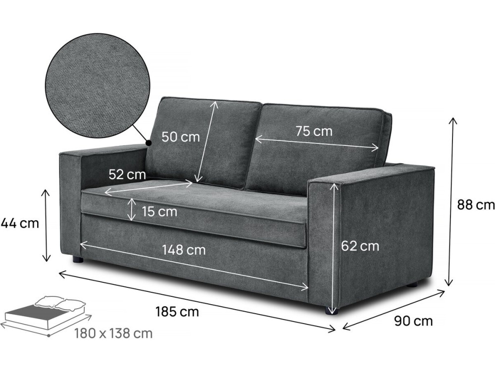 "Clara" express stoffen slaapbank - 185 x 90 x 88 cm - Grijs