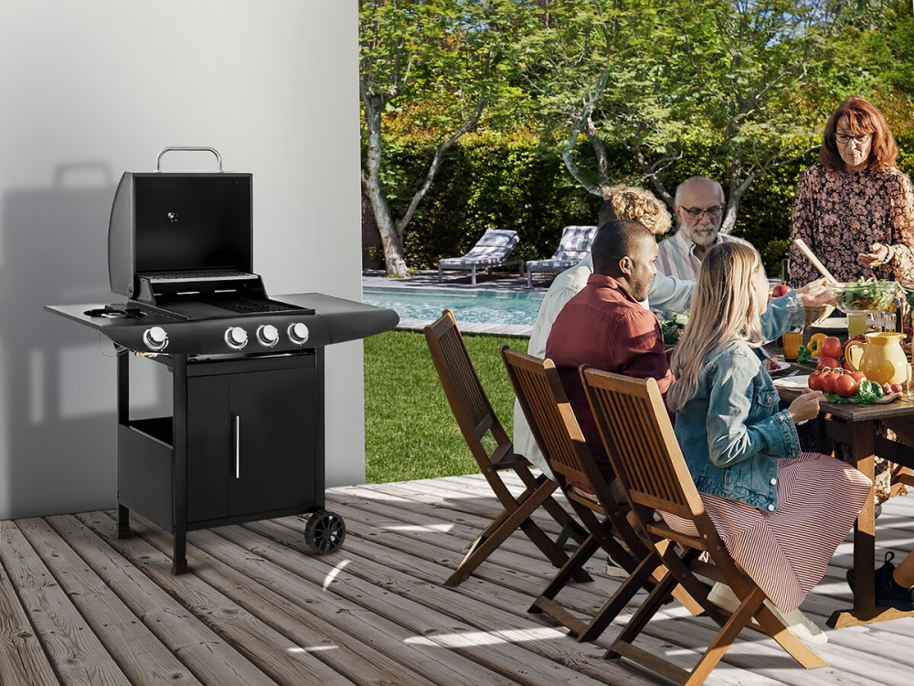 Gas BBQ gasbarbecue barbecue "Feria 4" - 4 branders waarvan 1 zijbrander - 11.5 kW - Zwart