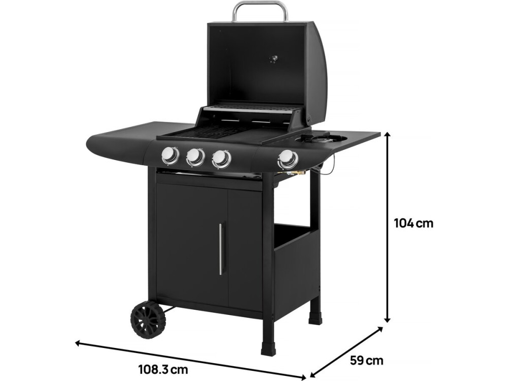 Gas BBQ gasbarbecue barbecue "Feria 4" - 4 branders waarvan 1 zijbrander - 11.5 kW - Zwart