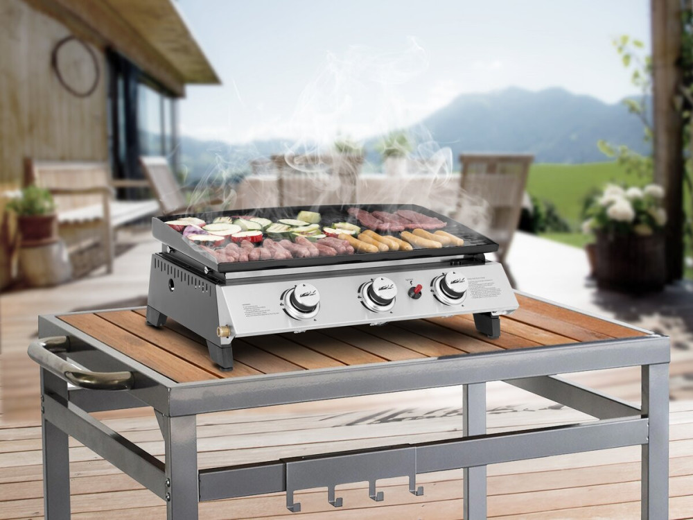 Plancha gas bbq gasgrill bakplaat 3 branders "Jolly" - 7,5 kW - Grijs