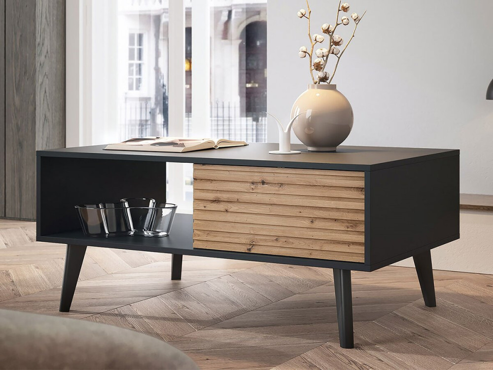 Salontafel hout met lade rechthoekig "Silas"  -  Zwart/Eiken ambachtelijk