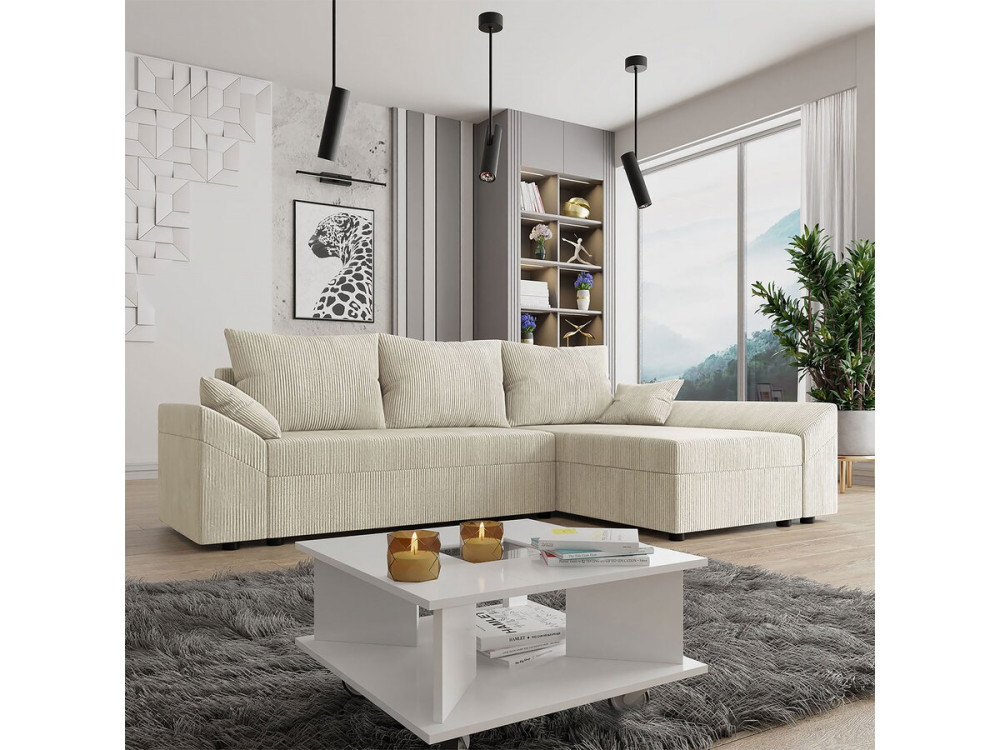 Hoekslaapbank met opbergruimte "Vaugirard 2" in geribbeld fluweel - 3 zitplaatsen - Beige.