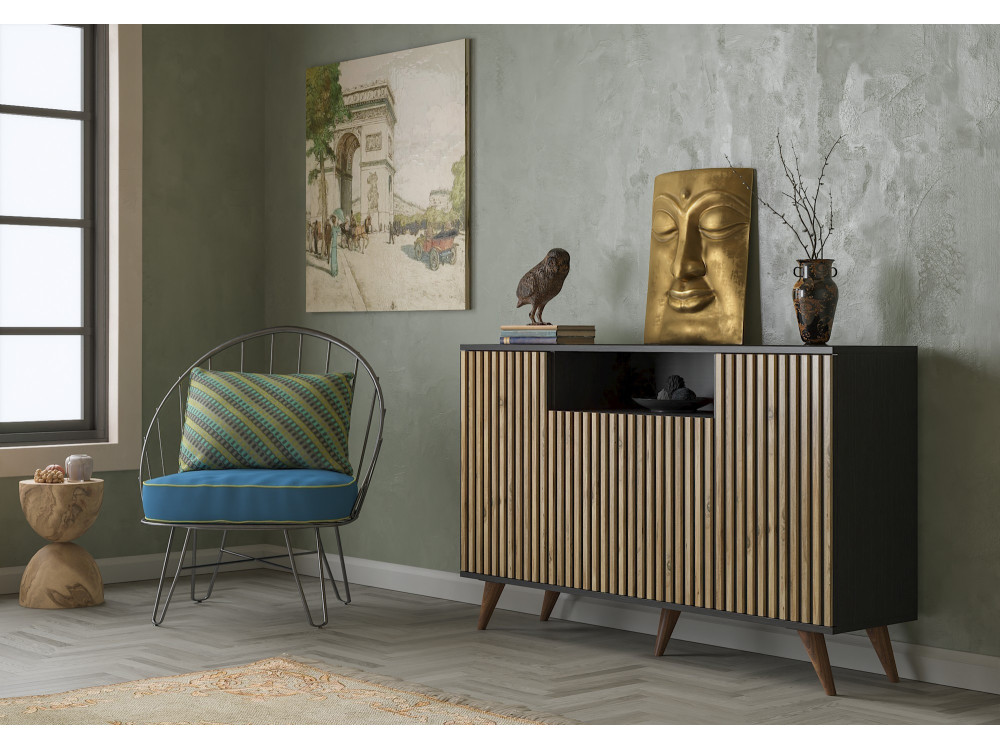 FRN-9004-1" houten dressoir - 140 x 35 x 91 cm - Hout, Zwart, Atlantisch grenen