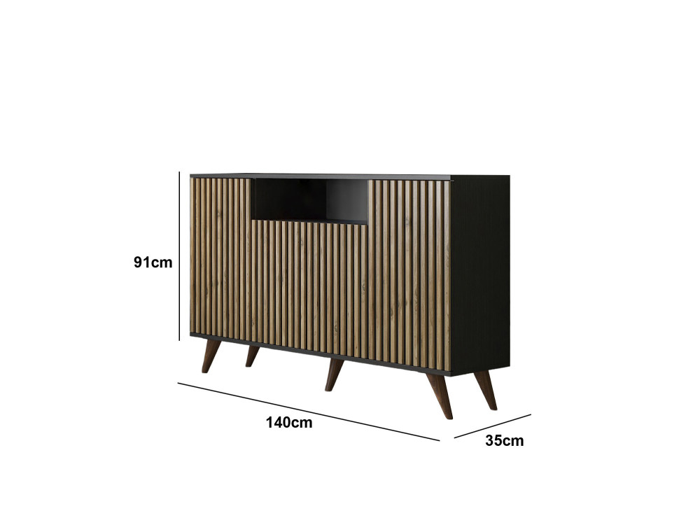 FRN-9004-1" houten dressoir - 140 x 35 x 91 cm - Hout, Zwart, Atlantisch grenen