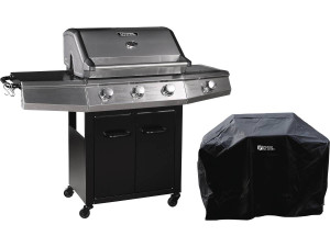 Gas BBQ gasbarbecue barbecue "Bingo 4" - 4 branders waarvan 1 zijbrander - 14 kW + beschermhoes - Zwart