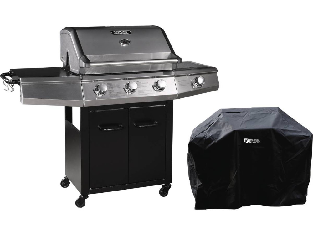 Gas BBQ gasbarbecue barbecue "Bingo 4" - 4 branders waarvan 1 zijbrander - 14 kW + beschermhoes - Zwart