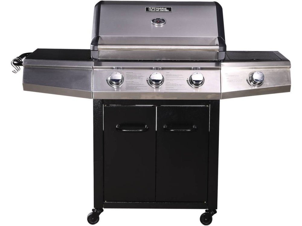 Gas BBQ gasbarbecue barbecue "Bingo 4" - 4 branders waarvan 1 zijbrander - 14 kW + beschermhoes - Zwart