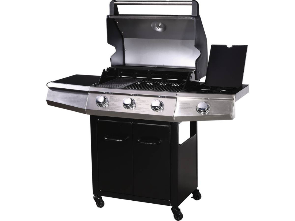 Gas BBQ gasbarbecue barbecue "Bingo 4" - 4 branders waarvan 1 zijbrander - 14 kW + beschermhoes - Zwart