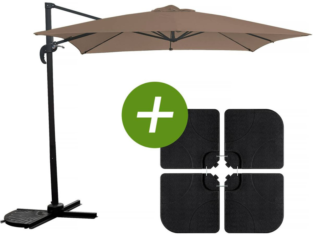 Parasol vrijhangend tuin zweefparasol "Soleil" - Vierkant - 2,5 x 2,5 m - Taupe + inclusief parasolvoet tegel / parasoltegels