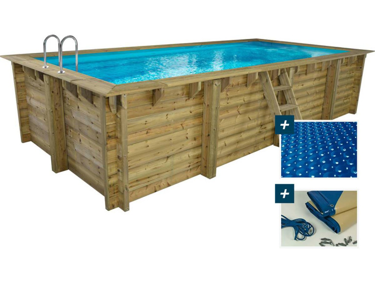 Rechthoekig houten zwembad "Tobago" - 6,20 x 3,00 x 1,31 m + 180 µ bellenafdekking - 280 g/m² winterafdekking