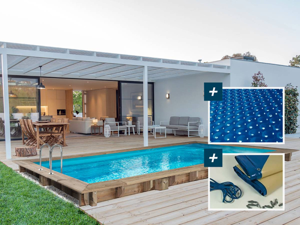 Rechthoekig houten zwembad "Tobago" - 6,20 x 3,00 x 1,31 m + 180 µ bellenafdekking - 280 g/m² winterafdekking