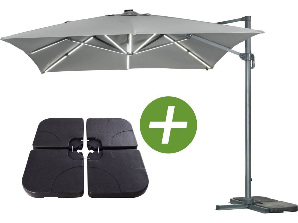 Parasol vrijhangend tuin zweefparasol led aluminium "Sun 3 Luxe" - Vierkant - 3 x 3 m - Kleur: Grijs - Inclusief parasolvoet teg