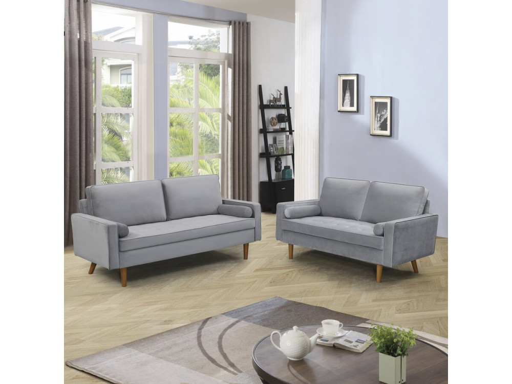 Bank bankstel velours fluweel meubel "Yannick" - 82 x 179 x 86 cm - 3 zits - Grijs lichtgrijs