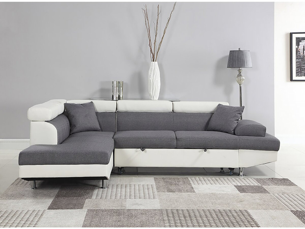 Hoekbank slaapbank meubel "Sophia luxe" - 265 x 190,5 x 80/91 cm - Wit / Grijs - 5 zits - Hoek aan linkerkant