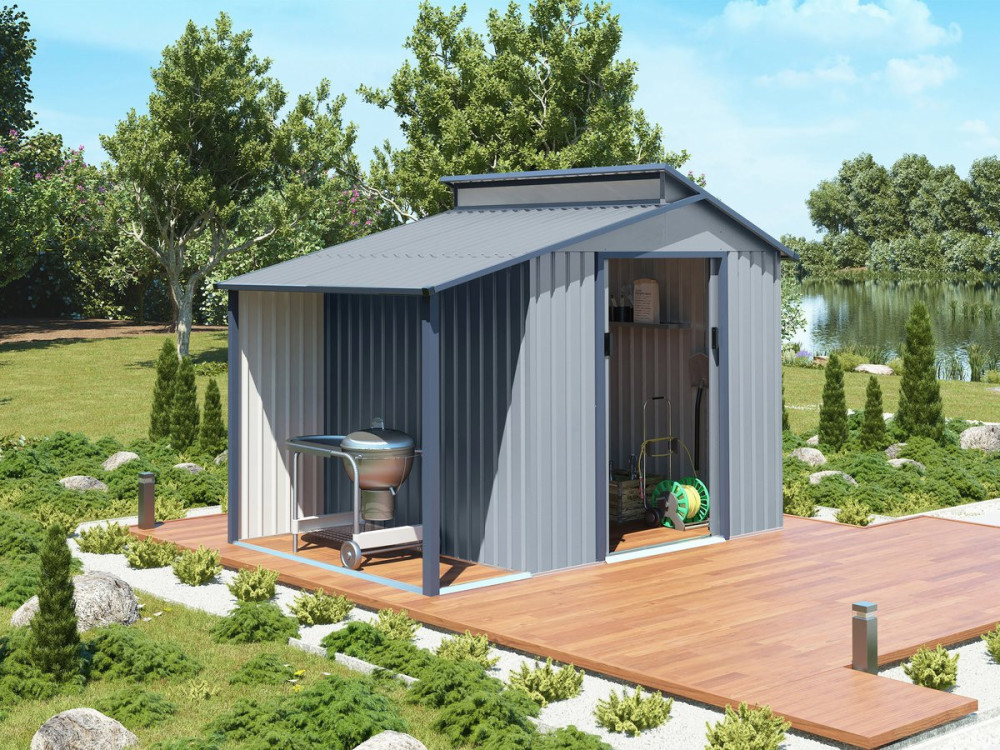 Tuinhuisje met overkapping metaal "Madras" - 5.64 m² - 193 x 292 x 229 cm - Grijs