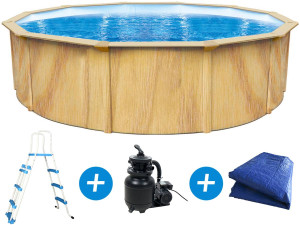 Zwembad metaal rond opbouw hout look "Punta cana" - Ø 550 x 120 cm