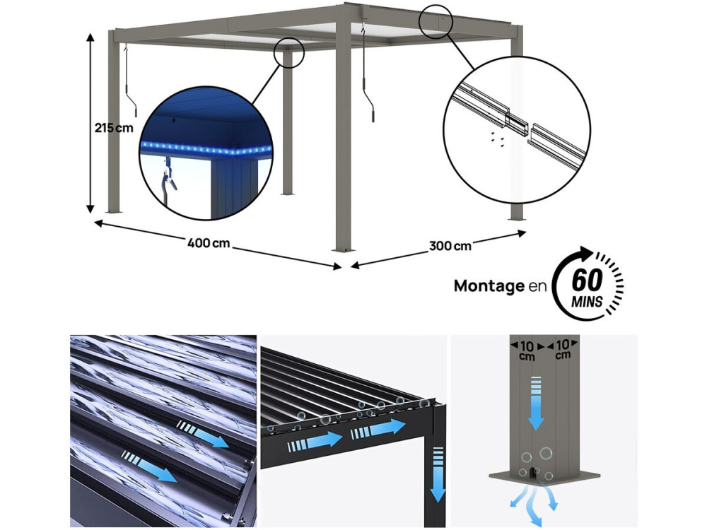 Pergola  terrasoverkapping zonwering 3 x 4 m verstelbaar aluminium met led verlichting "Windsor premium" - Taupe - grijs bruin