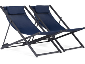 Set van 2 metalen textiele ligstoelen - Met hoofdsteun - Middernachtblauw