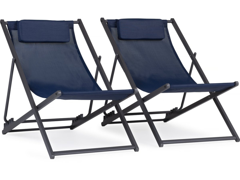 Set van 2 metalen textiele ligstoelen - Met hoofdsteun - Middernachtblauw