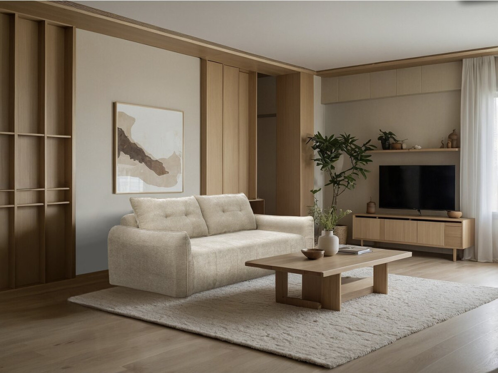 Rechte bank in structuurstof "Silvano" - 3-zits - Beige