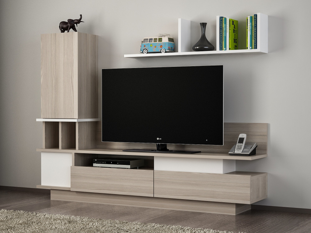 Houten TV-meubel "Como" met wandplank - 149 x 31 x 117 cm - Lichtgrijs