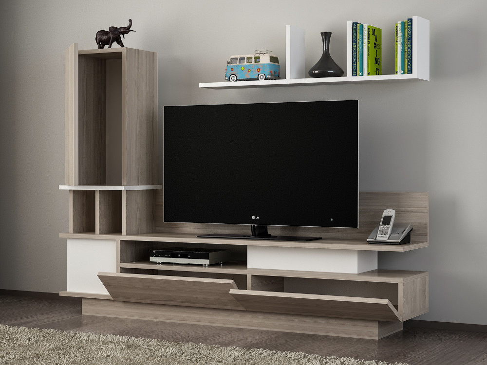 Houten TV-meubel "Como" met wandplank - 149 x 31 x 117 cm - Lichtgrijs
