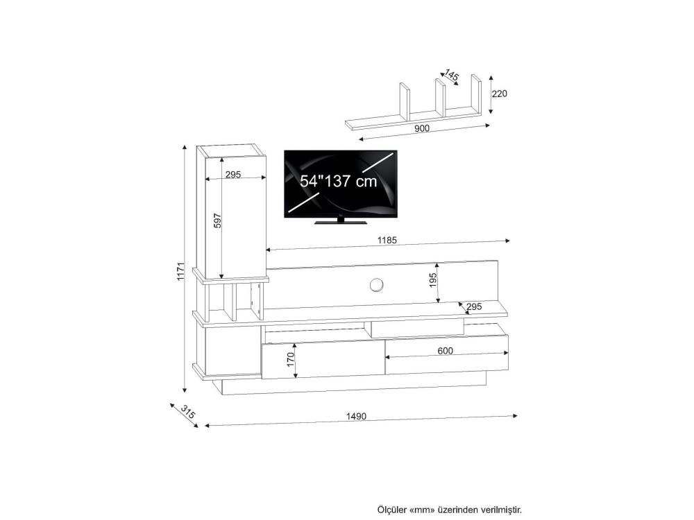 Houten TV-meubel "Como" met wandplank - 149 x 31 x 117 cm - Lichtgrijs