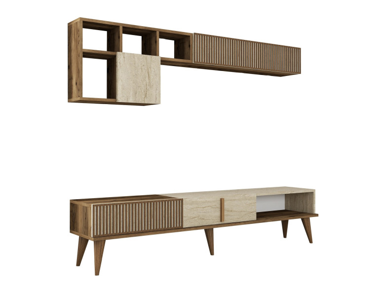 Houten TV-meubel "Milan" - 180 x 35 x 40 cm - Notelaar, Travertin